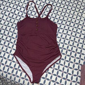 Burgundy One-Piece Swimsuit with Button Detail